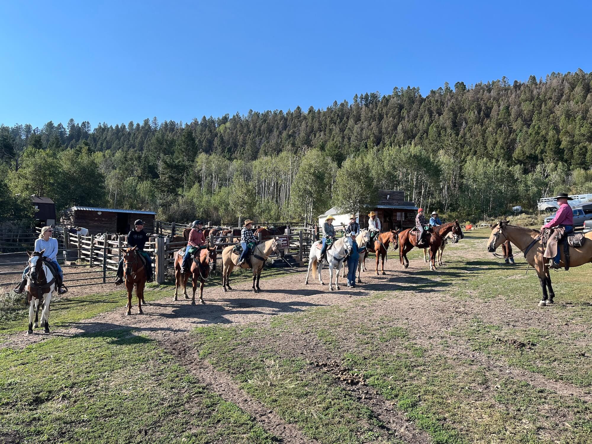 Business group enjoying a guided horseback riding experience and team-building adventure at Rusty Spurr Ranch in Colorado.