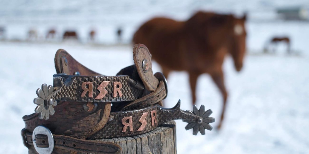 Having just returned from horseback riding offered here at Rusty Spurr Ranch in Kremmling, Colorado, here is a close-up of Rusty Spurr Ranch spurs with the horse standing in a snowy background.