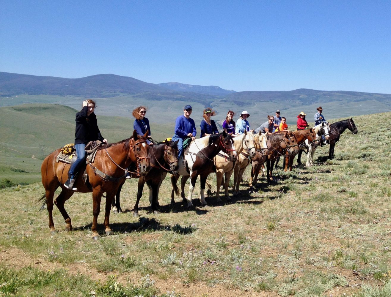 Guided horseback tour group trekking through the colorful mountaintops in Colorado."