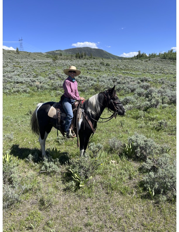 Rider wearing safety gear on a scenic trail ride.