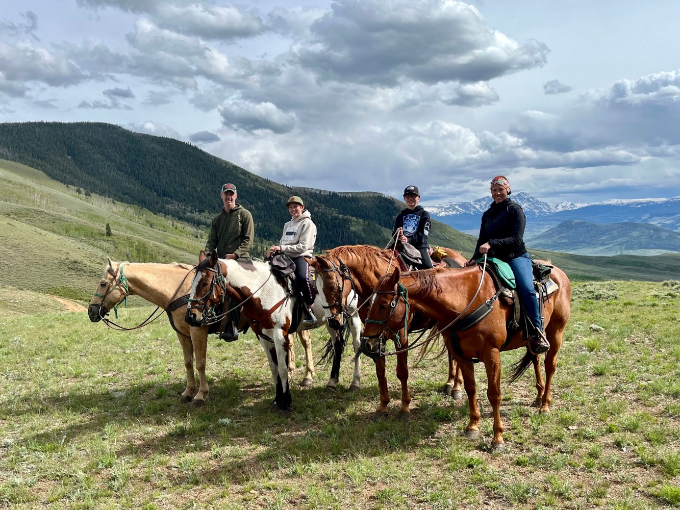 Family enjoying a scenic horseback ride at Rusty Spurr Ranch, Colorado